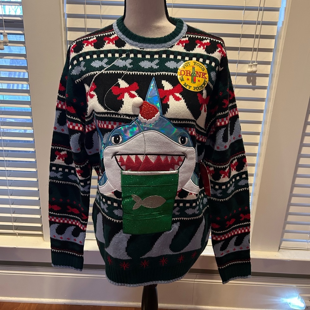 33 Degrees Festive Shark Christmas Sweater with built in drink holder size M